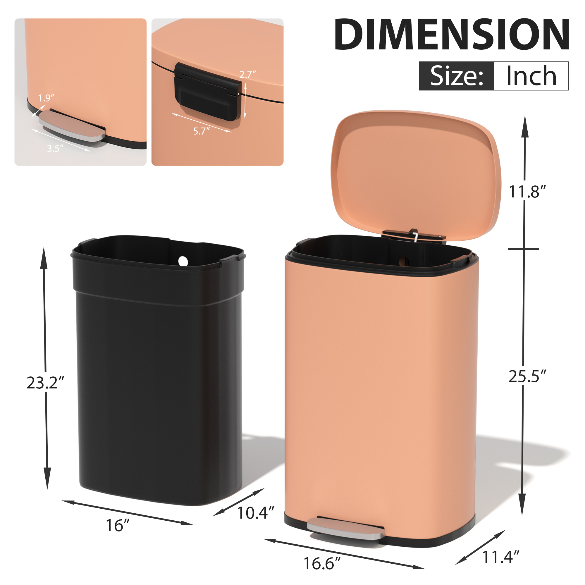 CL.HPAHKL Step-On Kitchen Trash Can, Brushed Stainless Steel Garbage Can with Soft Close Lid, Large Capacity Garbage Bin with Odor Seal for Home, Office, Bathroom, Bedroom, Pink