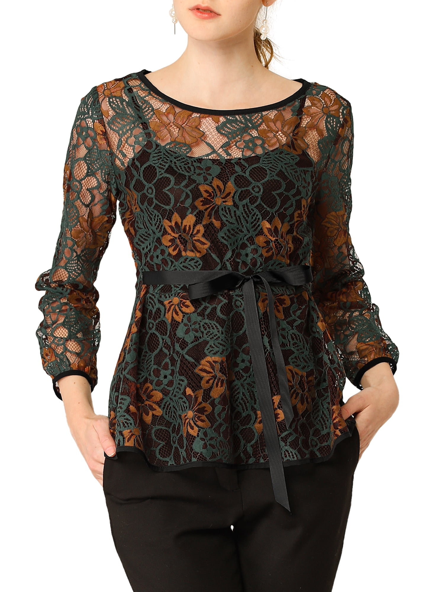 DARING DIVA Self-Tie Waist Semi Sheer Peplum Top M Green