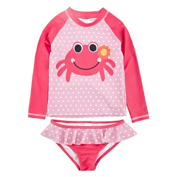Newborn Baby Girls Swimsuits Long Sleeved Crab Quick Drying Cartoon Cute Swim Shirts and Rash Guards Size 6-12 Months