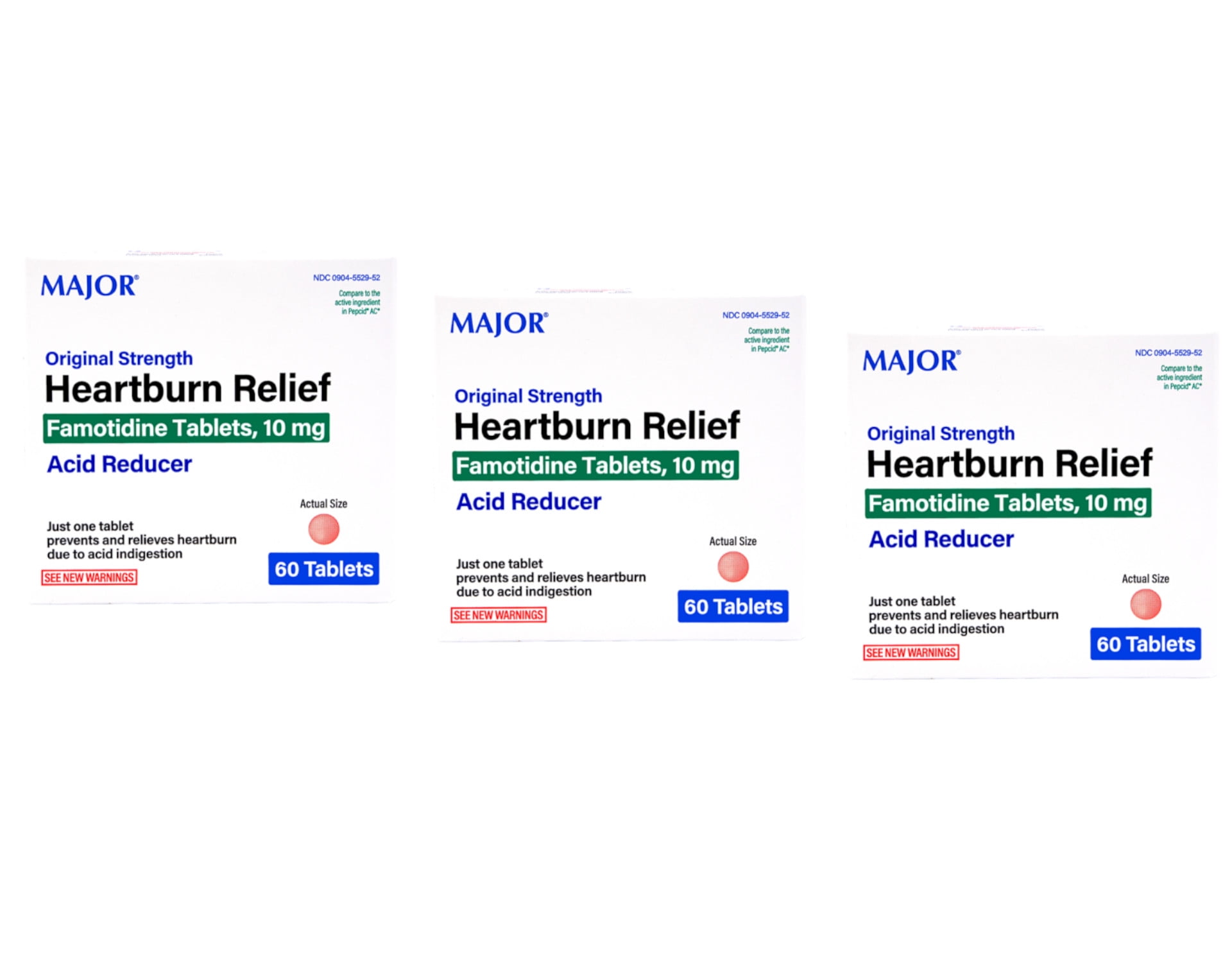 Major Original Strength Heartburn Relief Famotidine Tablets, 10 mg - Pack of 3
