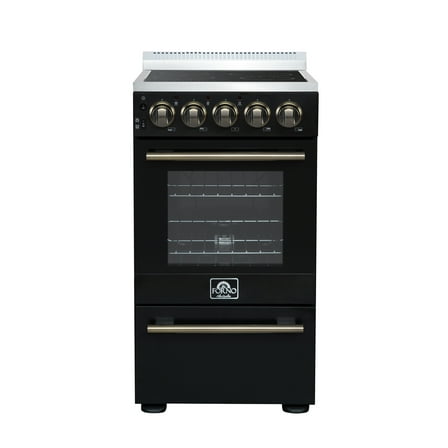 Forno Pallerano 20 Inch Freestanding Electric Range in Black with Antique Brass, Compact Design