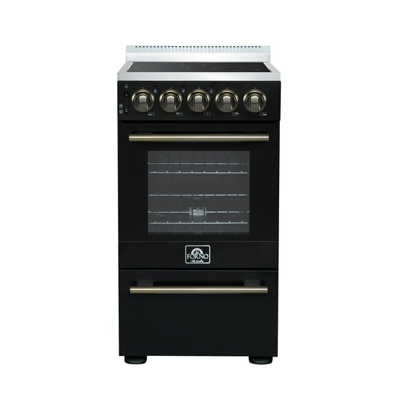 Forno Pallerano 20 Inch Freestanding Electric Range in Black with Antique Brass, Compact Design