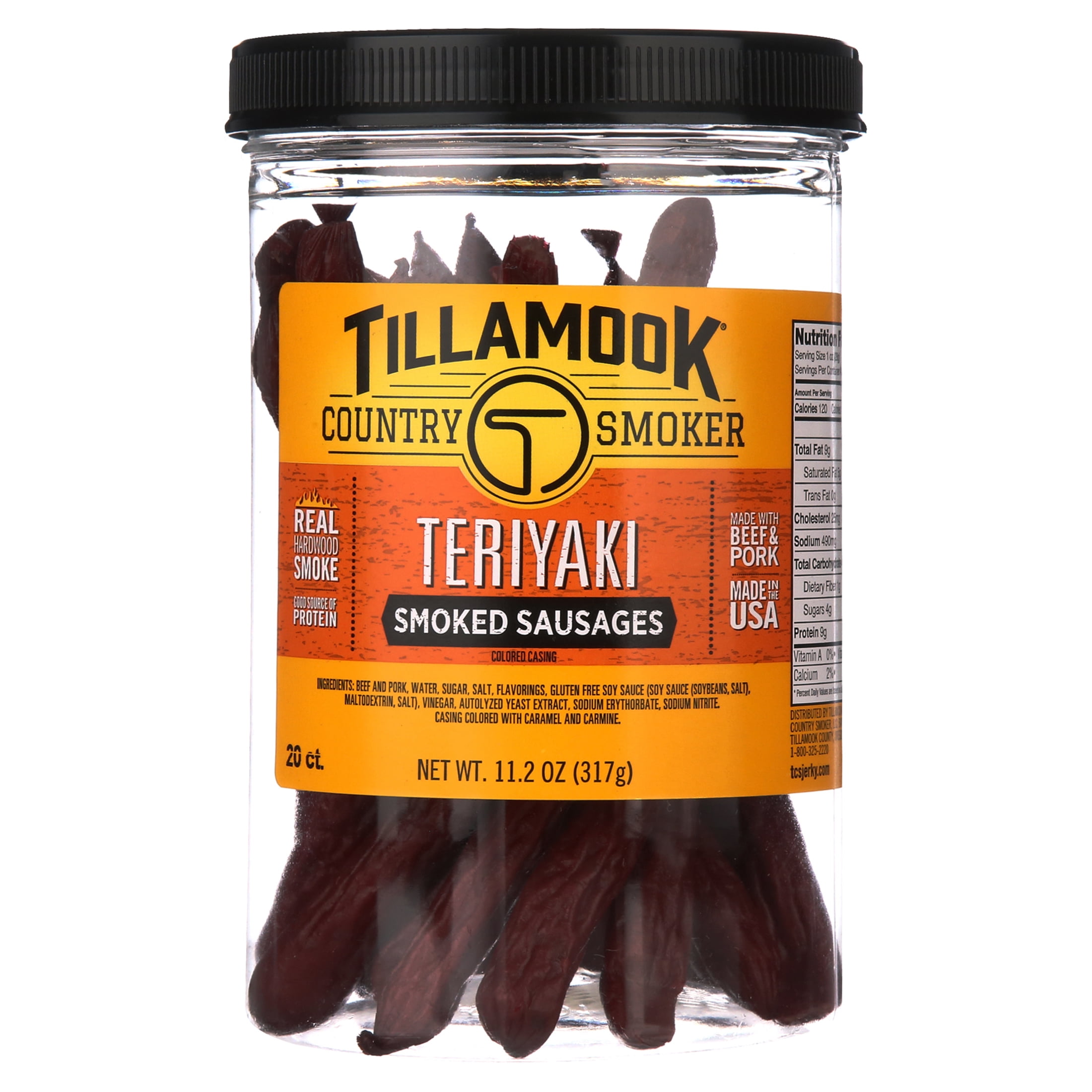 (3 pack) Tillamook Country Smoker Real Hardwood Smoked Teriyaki Sausages Resealable Short Jar, 11.2 oz