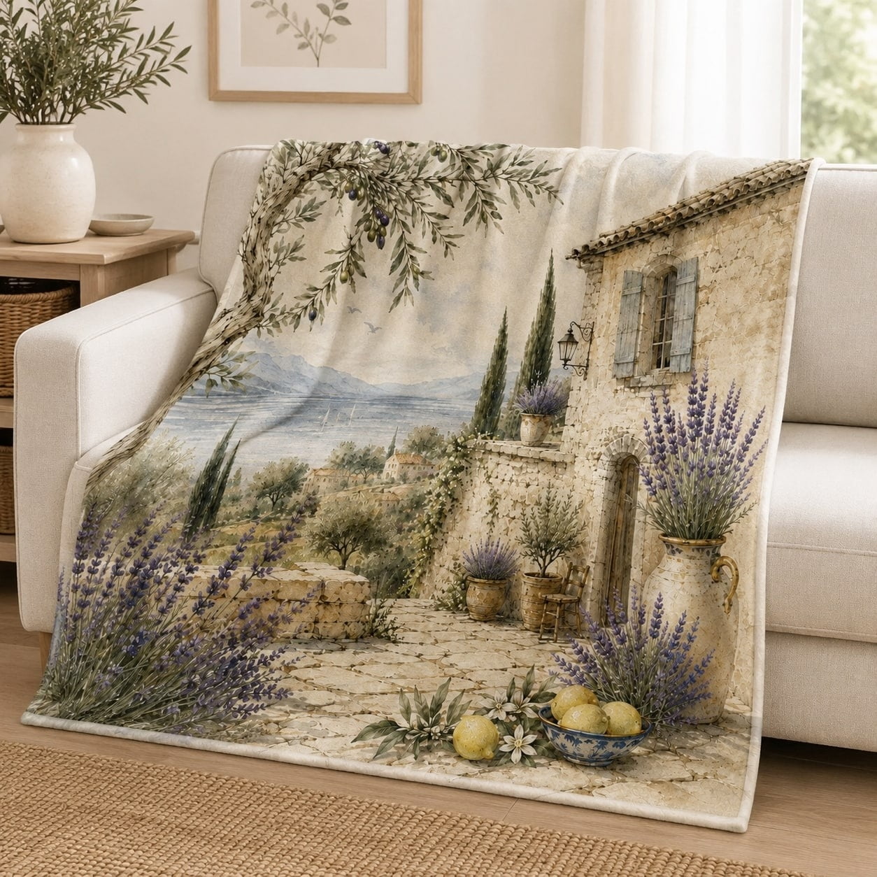 Scenic Countryside Lavender Villa Landscape Fleece Throw Blanket Soft 280 GSM Polyester Couch and Bed Home Decor