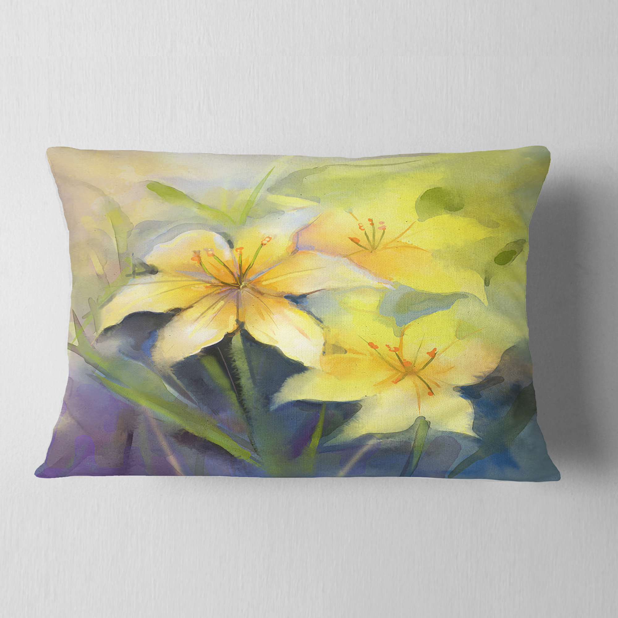 Designart Watercolor Painting Yellow Lily Flower - Floral Throw Pillow - 12x20