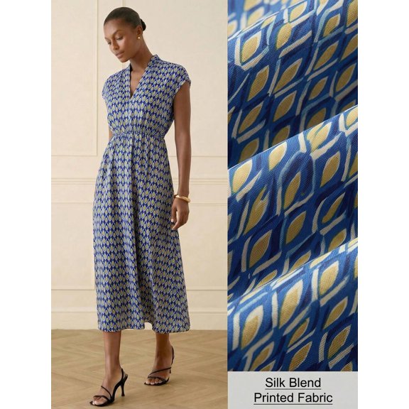Blue Geometric Print Silk Blend Midi Dress With V-Neck And Cinched Waist