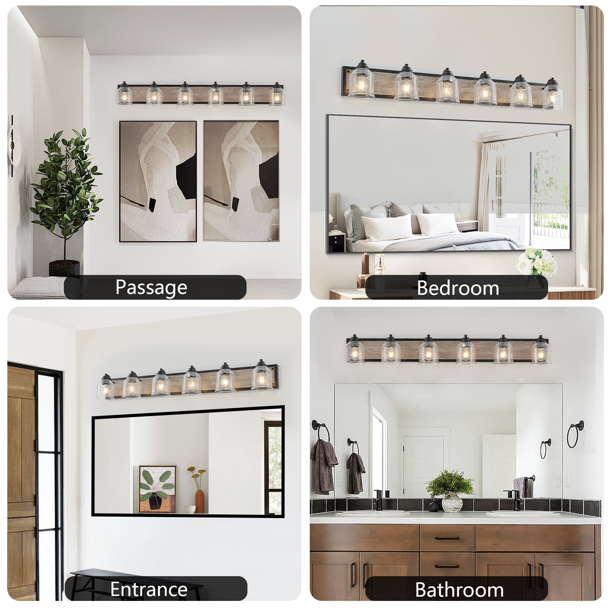 6-Light Farmhouse Bathroom Vanity Light, 48.5 Inch Rustic Wall Sconce with Wood Finish and Bubble Glass