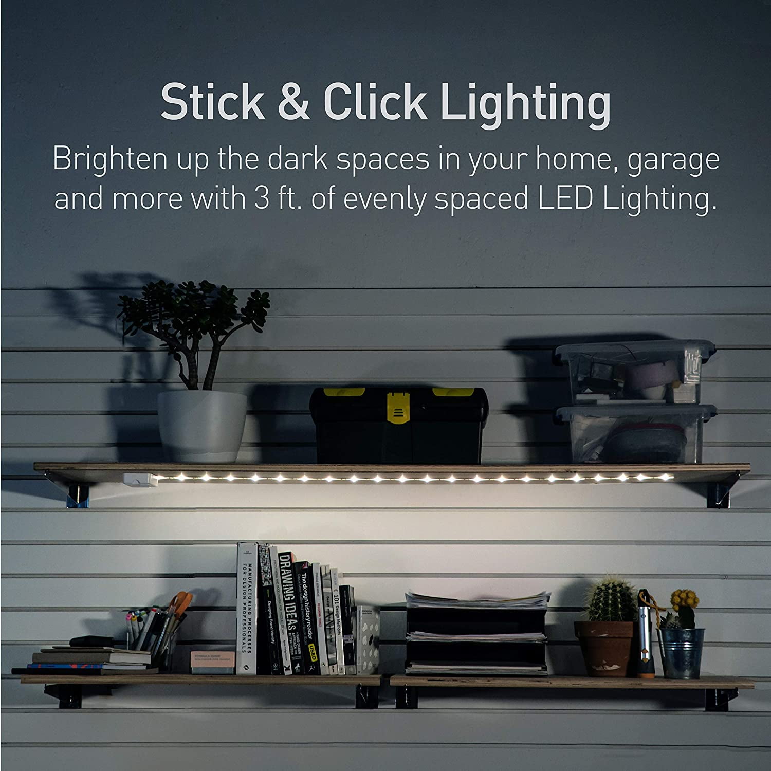 JJEAN-POWER PRACTICAL Luminoodle Under Cabinet Lighting - Click LED Light Strip for Shelves, Kitchen Cabinets, & Furniture, 1-Pack Includes Power Button & Tape Adhesive - Warm White (2700K)
