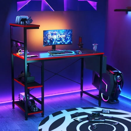 Bestier Reversible 44 inch Computer Desk with LED Lights Gaming Desk , 4 Tier Shelves Carbon Fiber