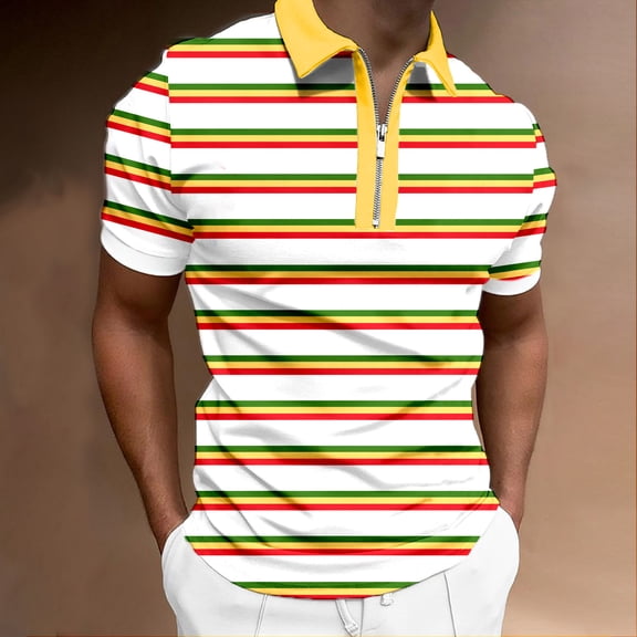 Mens Polo Shirt Stripe Zipper Rainbow Short Sleeve Top with Collar Golf Summer Slim Fit Dress Shirts for Men White L