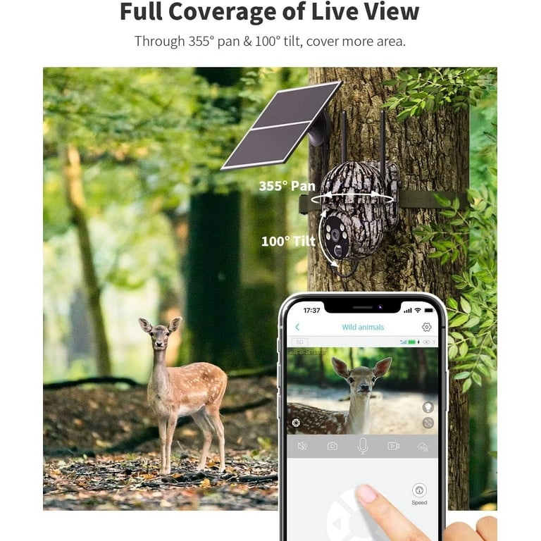  Cámara de juego celular 4G LTE con energía solar con tarjeta SIM  (Verizon/AT&T/T-Mobile) Vista de 360°, video en vivo 2K, infrarrojo IR,  activado por movimiento, IP66, perfecta para caza y vigilancia