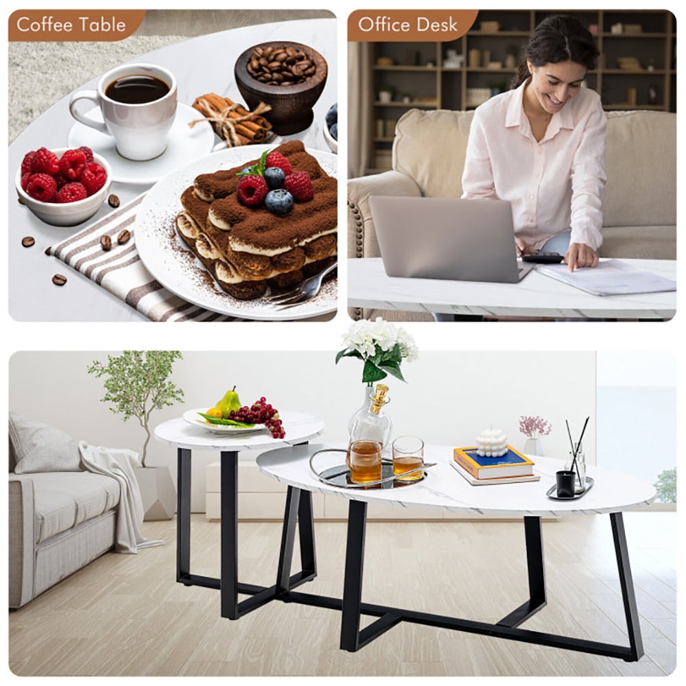 Finihen Coffee Table, Nesting Coffee Table, Set of 2 Modern Faux Marble Nesting Coffee Table Set with Oval and Round Table, for Living Room, Reception Room, White Finihen Coffee Table, Nesting Coffee Table, Set of 2 Modern Faux Marble Nesting Coffee Table Set with Oval and Round Table, for Living Room, Reception Room, White