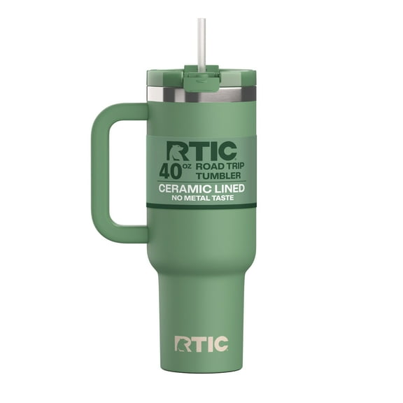 RTIC 40 oz Ceramic Lined Road Trip Tumbler, Leak-Resistant Straw Lid, Sage