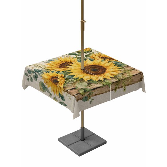 Outdoor Tablecloth with Umbrella Hole, Farm Sunflower Eucalyptus Leaves Zippered Table Cloth for Rectangle Tables, Watercolor Plant on Linen Washable Waterproof Tablecloths for Picnic Patio Garden