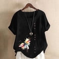 thumbnail image 2 of Women's Linen T Shirts Plus Size Crew Neck Short Sleeve Floral Print Pullover Tops Casual Loose Blouse (4XL, Black-E), 2 of 5