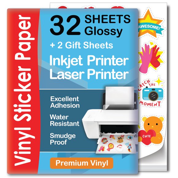 Papel adhesivo de vinilo imprimible aGodeo, brillante, impermeable, 32 hojas