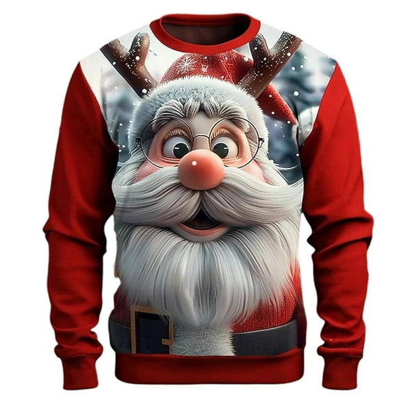 Telankuip Christmas Funny Large Reindeer Graphic Sweatshirts for Men Crewneck Xmas Holiday Pullovers Novelty 3D Print Long Sleeve Hoodless Tops Red2 XL