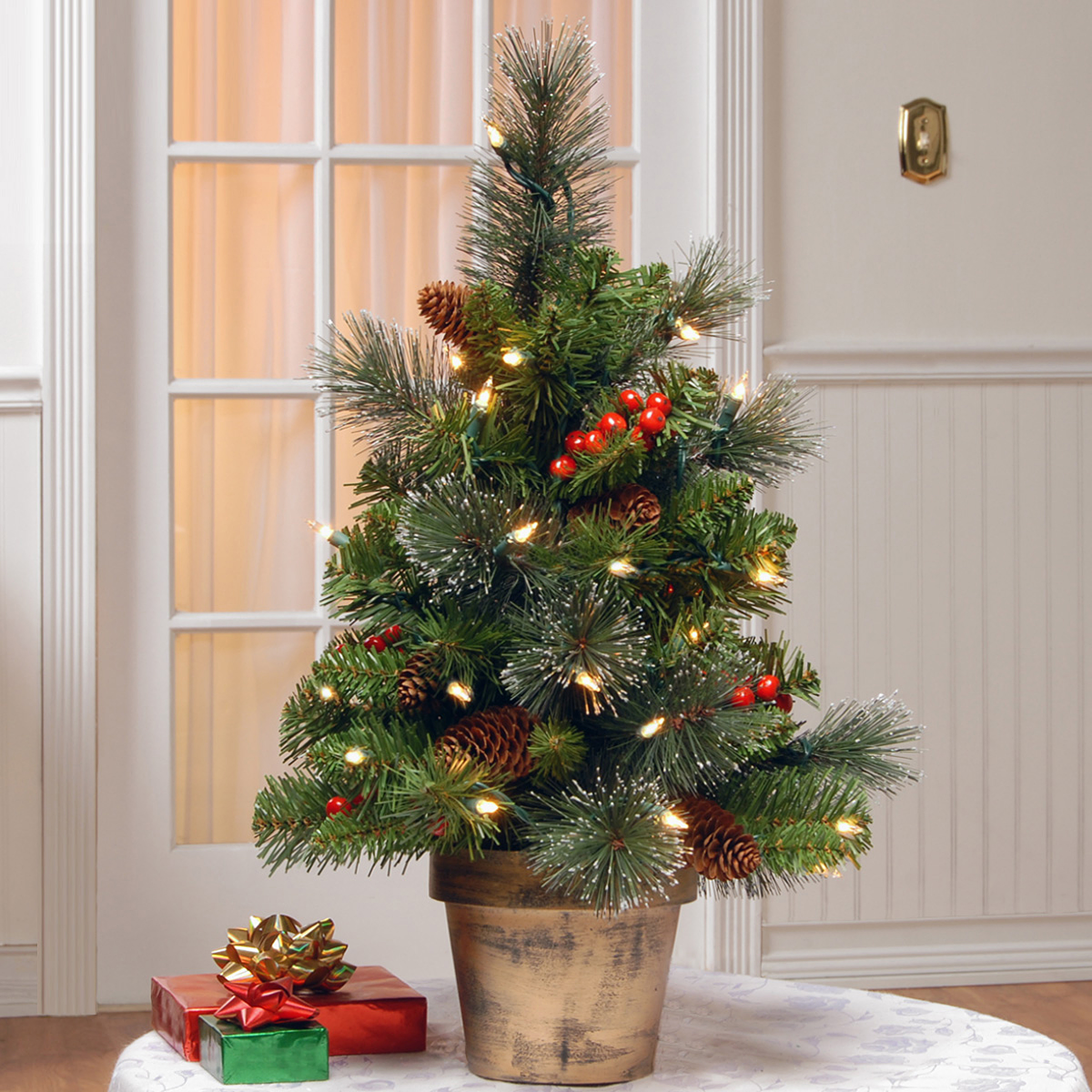 National Tree Company Pre-Lit Artificial Mini Christmas Tree, Green, Crestwood Spruce, White Lights, Decorated with Pine Cones, Berry Clusters, Frosted Branches, Includes Pot Base, 2 Feet - image 2 of 5