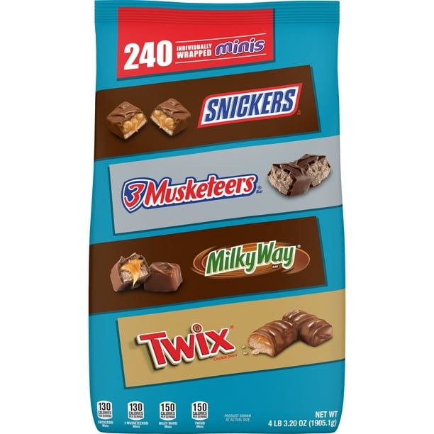 SNICKERS, TWIX, MILKY WAY & More Minis Size Candy Bars Variety Mix, 67.2-Ounce 240-Piece Bag - Walmart.com - Walmart.com