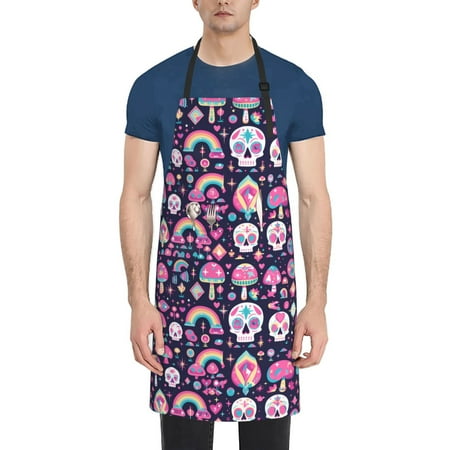 

Picia cute Skull rainbow mushroom Waterproof Apron for Unisex Adult - Adjustable Bib Apron with Pockets Ideal for Cooking Gardening Painting and Household Chores