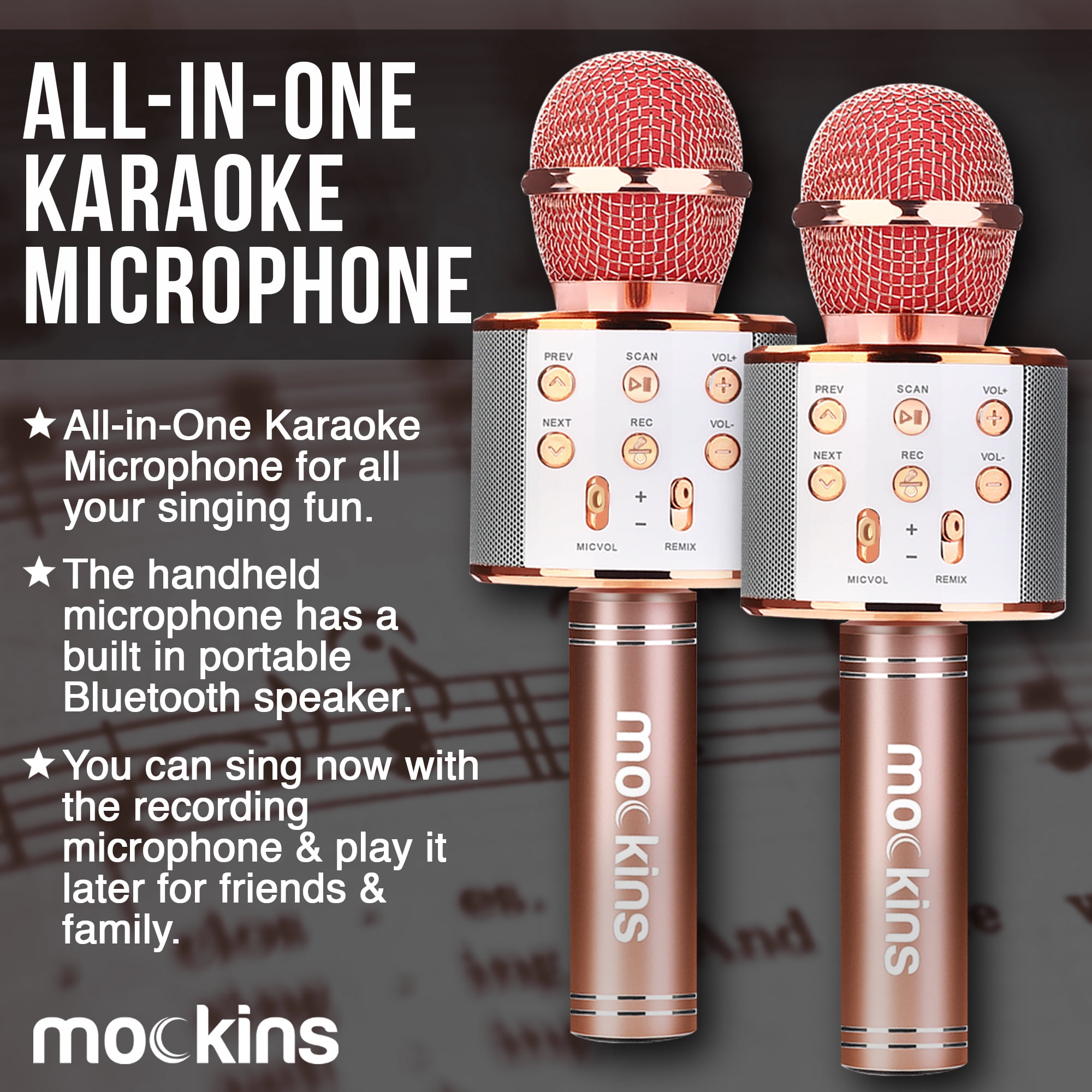 Mockins Rose Gold Handheld Singing Microphones | 2-Pack | Bluetooth Speakers