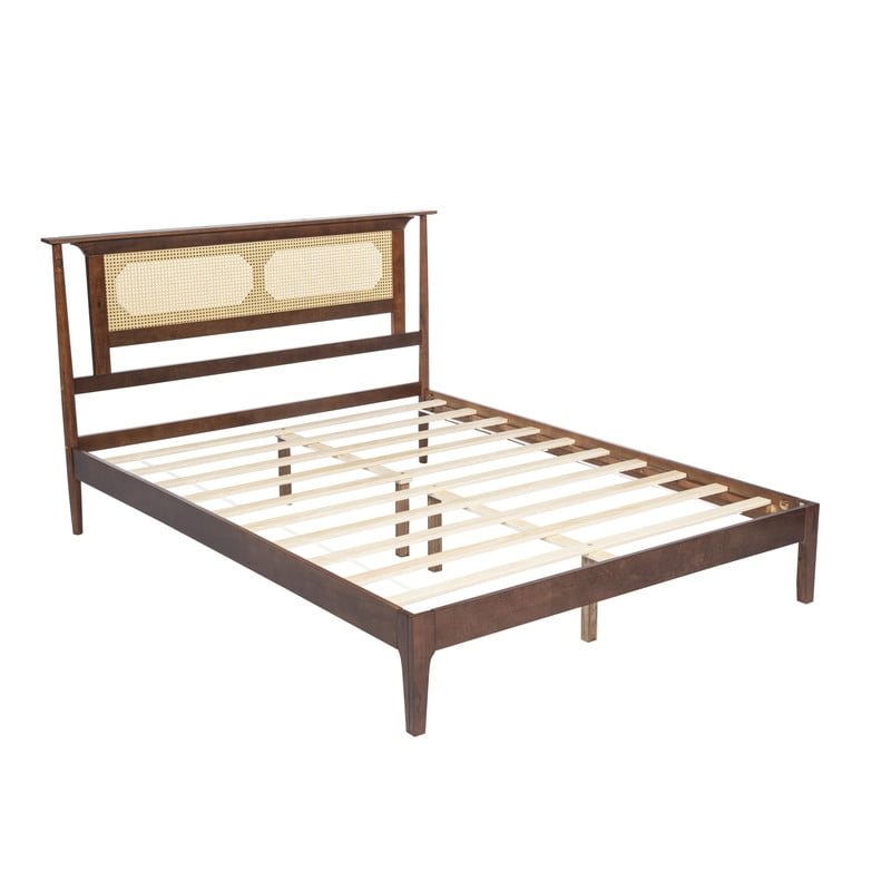 Queen Size Wooden Platform Bed with Rattan Headboard, Low-Profile Bed Frame with 8.6'' Under-Bed Storage