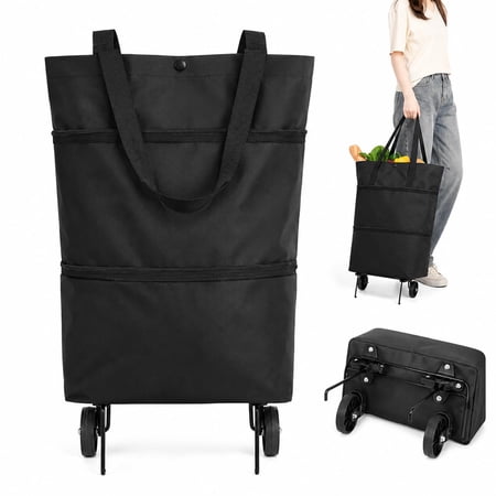 Foldable Shopping Cart with Wheels Lightweight Oxford Portable Grocery Bag for Supermarket Travel & Home Use