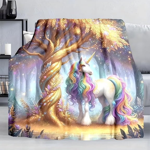 Soft Cozy Fleece Throw Blanket Magical Glowing Golden Forest Rainbow Unicorn Print Warm Plush Blanket for Bed Couch Sofa 30x40 inches