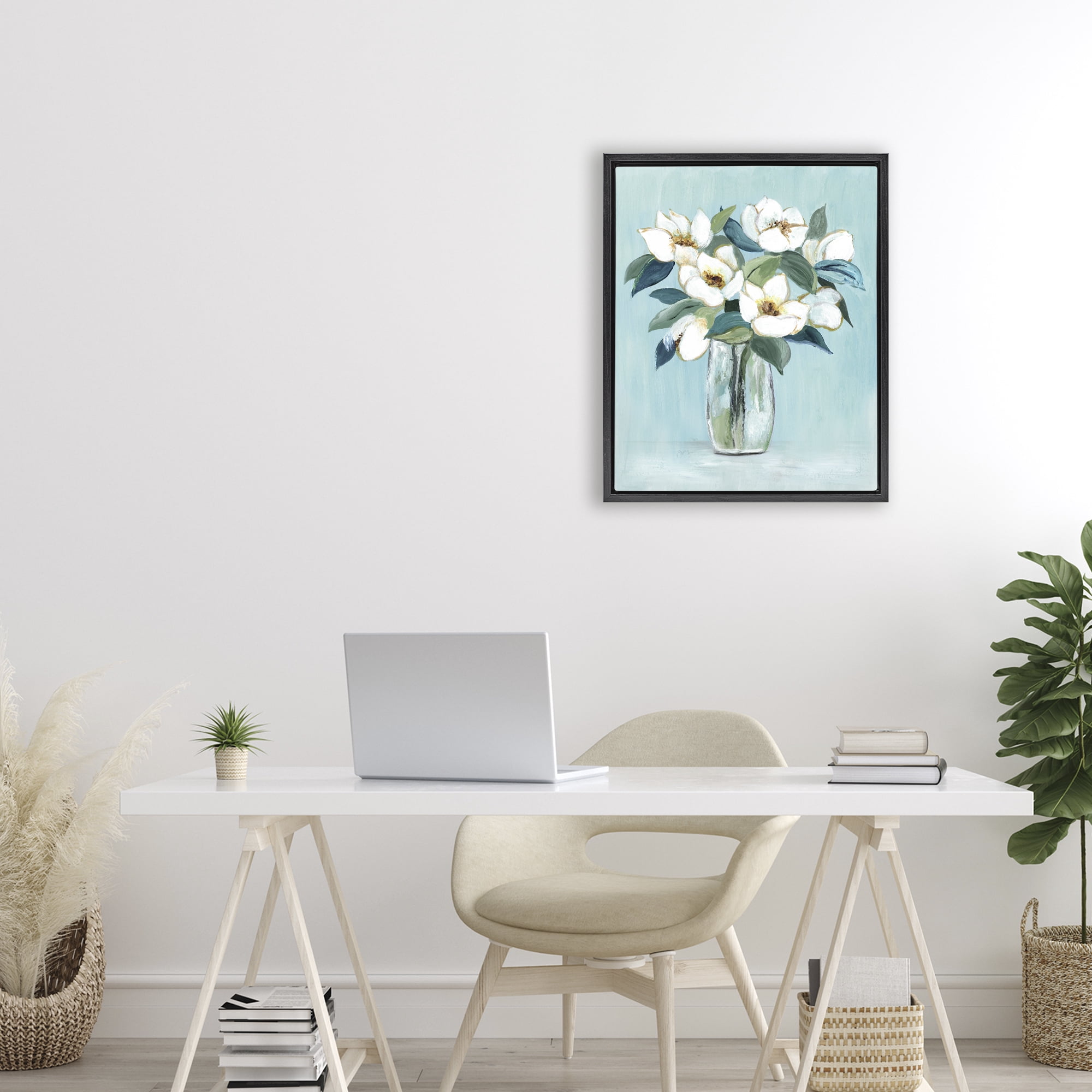 Stupell Industries Magnolia Blossoms on Blue Black Framed Floater Canvas Wall Art, design by Janet Tava