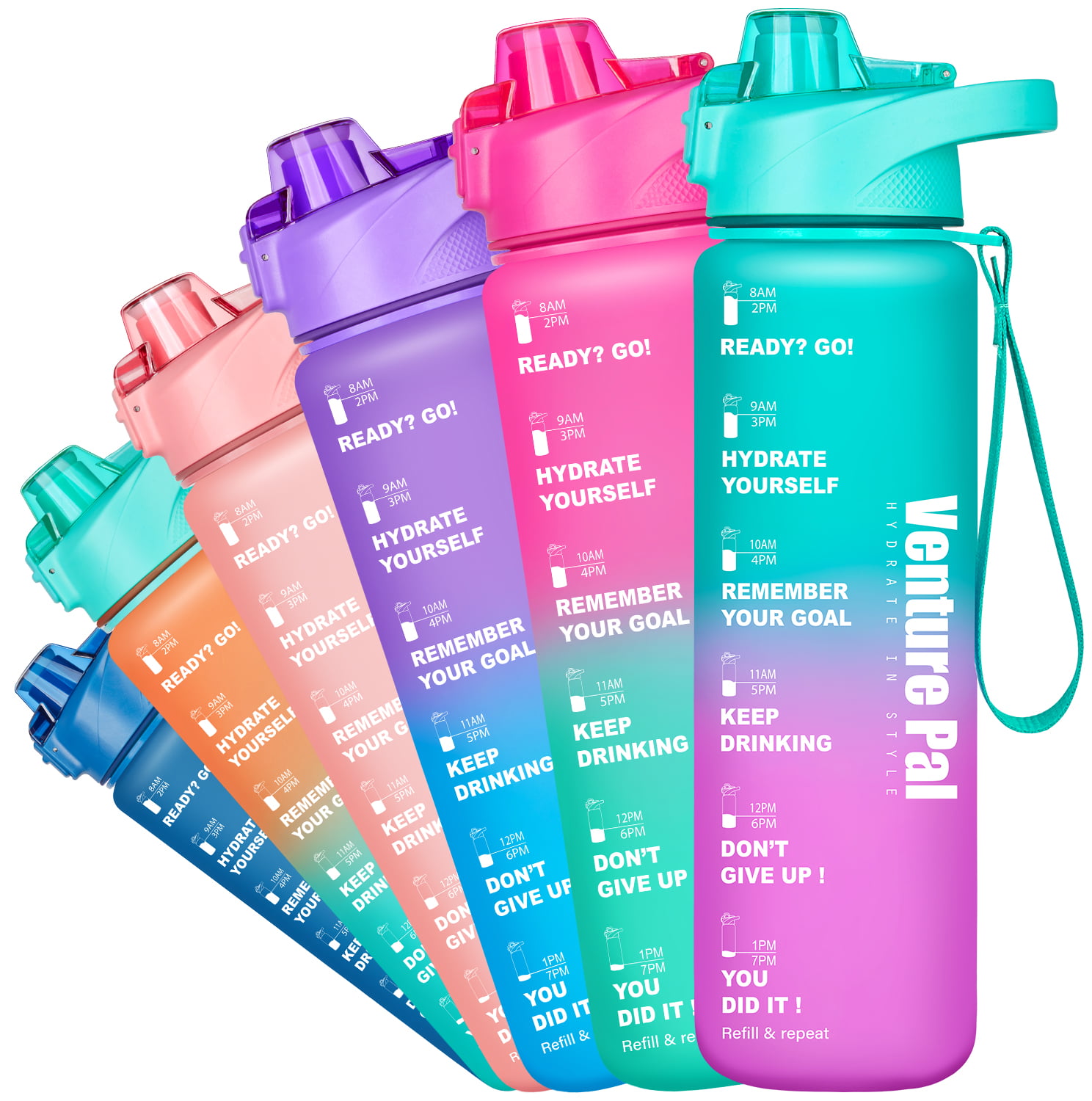 Leakproof BPA Free Water Jug to Remind You Drink More Water Hydrate in Style Venture Pal Large Half Gallon/64oz Motivational Water Bottle with Time Marker & Removable Strainer 