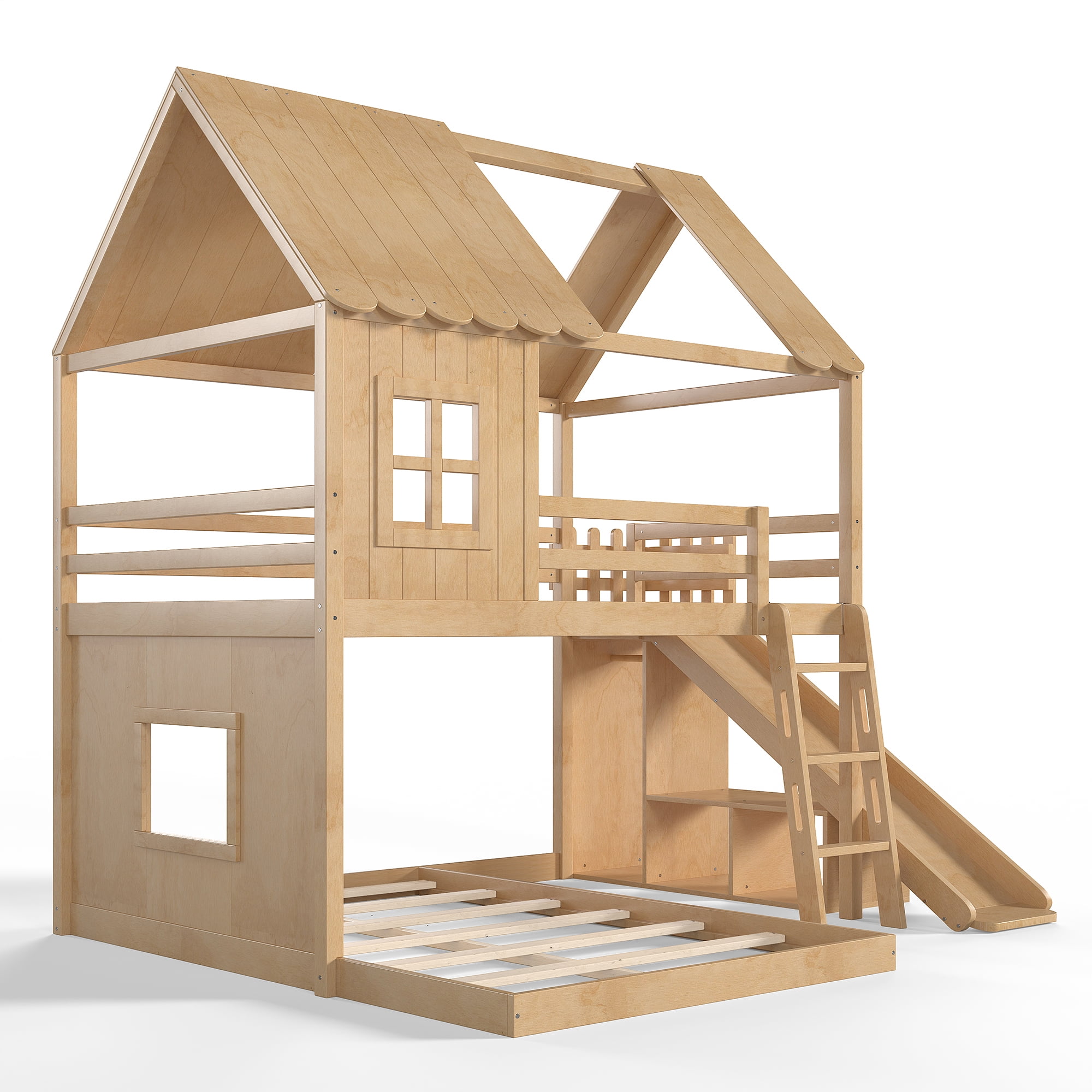 Leumius Full over Full House Bunk Bed with Ladders and Slides, House Floor Bunk Bed Frame with Storage Shelves and Wardrobe, Playhouse Design for Boys Girls Natural