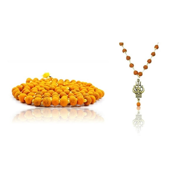 Kamada Combination of 108 Manka(beads) Haldi(Turmeric) mala and exquisite Trishul Rudraksha mala,Spritual Necklace/rosary for Women and Men