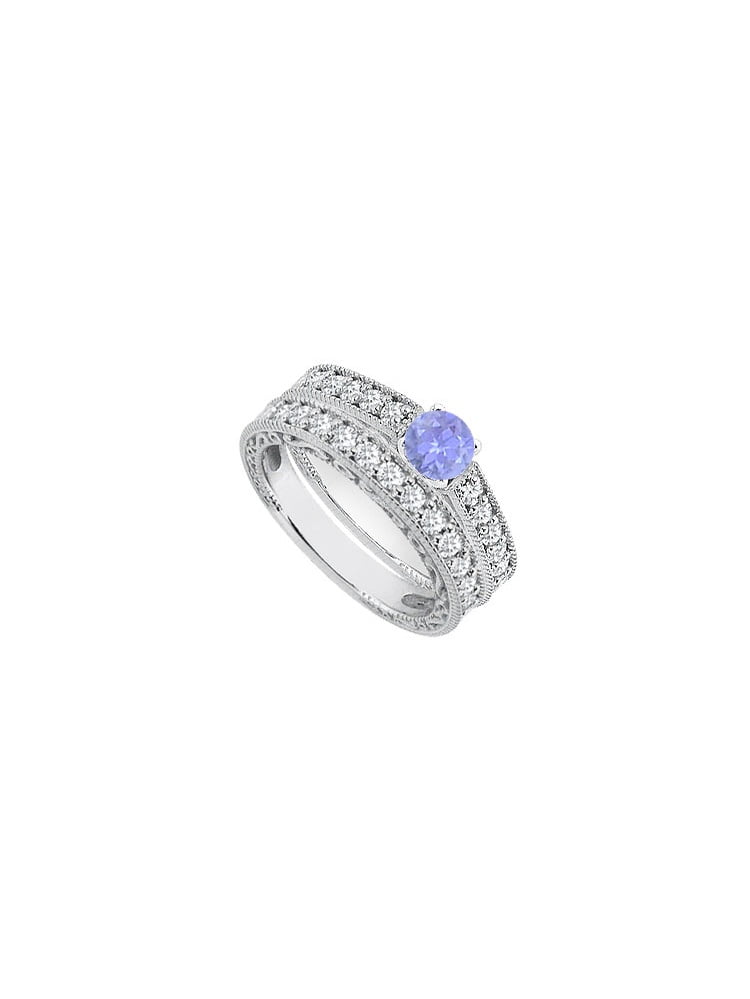 Cubic Zirconia Created Tanzanite Engagement Ring with Cubic Zirconia Band Sets in 14K White Gold by Love Bright