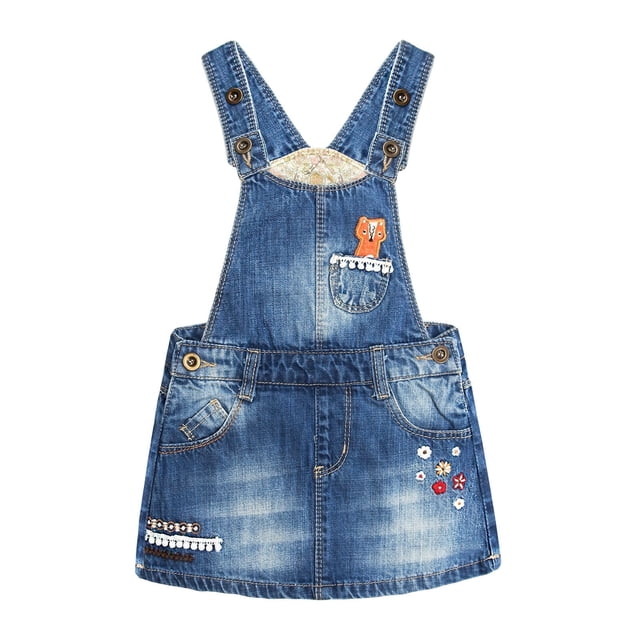 Kidscool Space Robe Salopette en Denim Brodée de Fleurs Renard pour Petites Filles, Bleu, 2-3 Ans