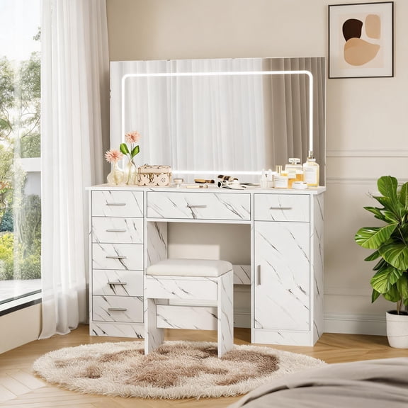 Makeup Table with Large Lighted Mirror, 7 Drawers, 3-Mode LED, Adjustable Brightness, Hair Dryer Holder and Stool