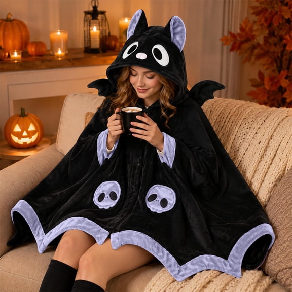 37.4IN Wearable Bat Hooded Blanket Shawl, Cute Skull Pattern Flannel Cape Poncho, Soft Cozy Halloween Throw Wrap Blanket for Home Lounge & Halloween Decoration