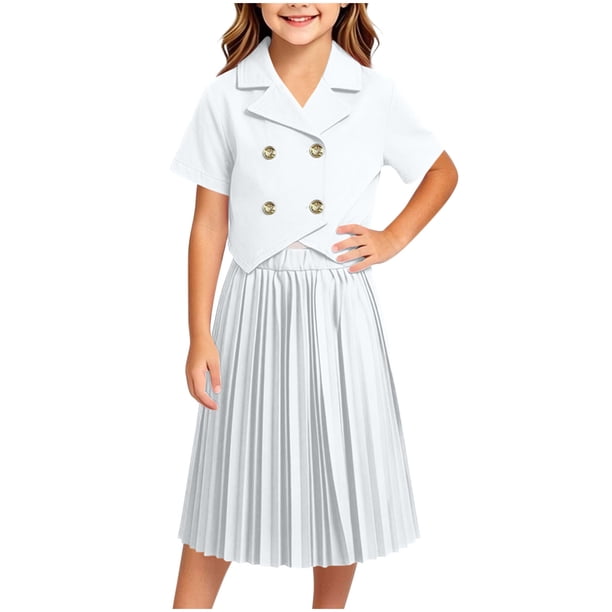 Odeerbi Niñas 2 Piezas Preppy Traje Manga Corta Muesca Solapa Blazer Chaqueta y Falda Plisada Conjunto Uniforme Escolar