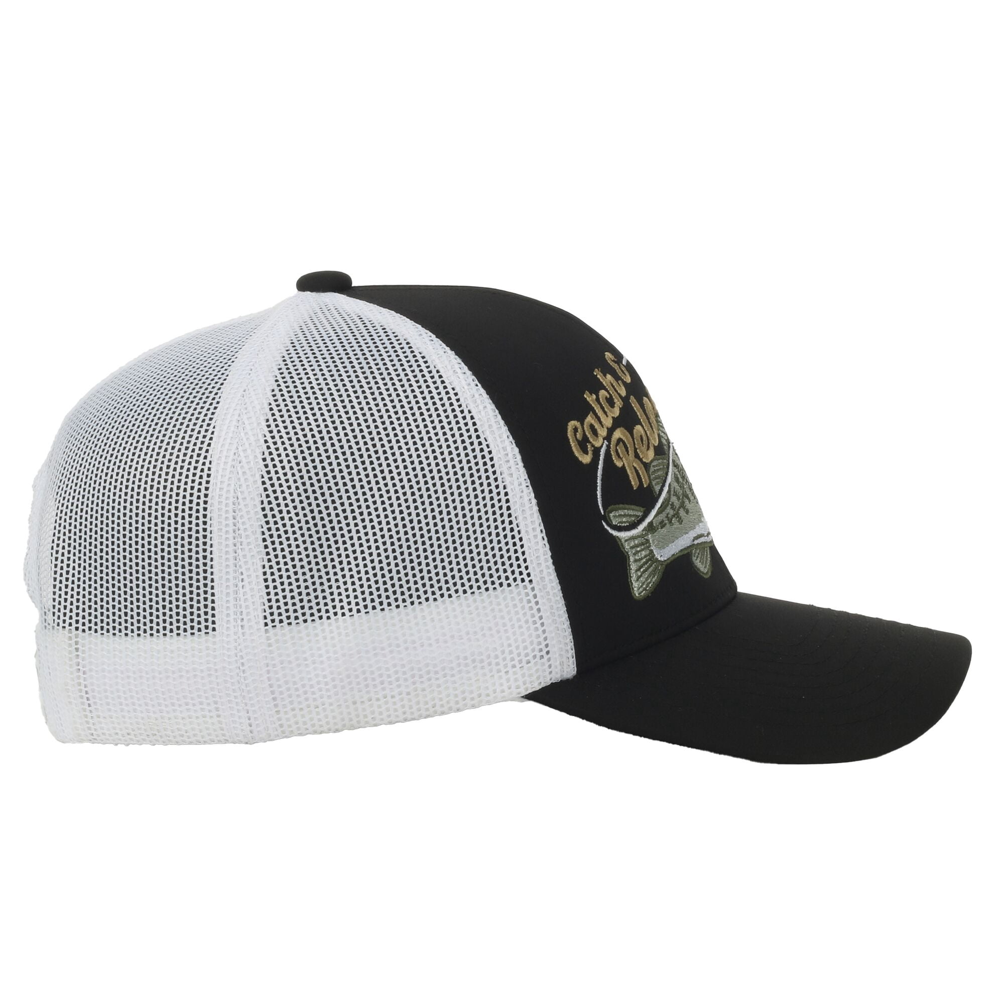 Black/White Bass 5-Panel Fishing Cap – Structured Mesh Back, Embroidered, One Size