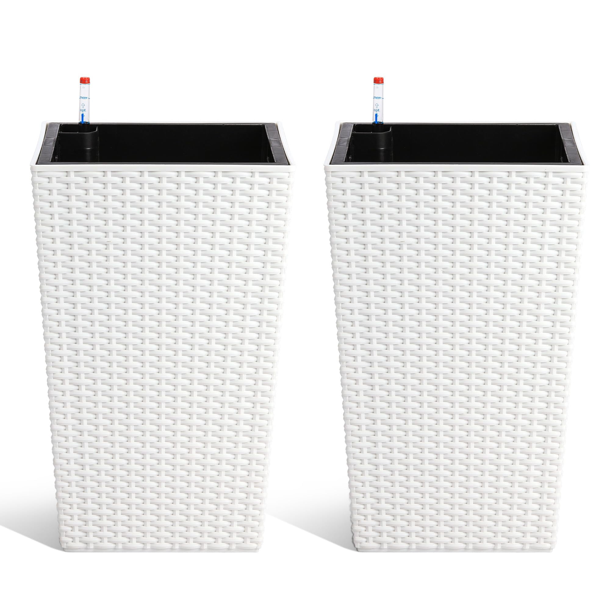 Kicctian Set of 2 Tall Rattan Planters – 16" Modern Plant Pots with Built-in Drainage & Removable Liners – Ideal for Indoor Outdoor Patio, Porch, Garden Decor, White