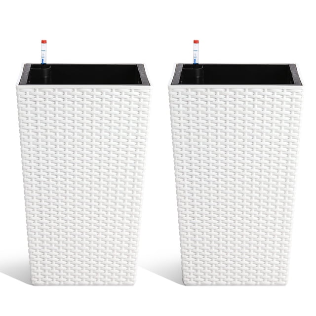 Tall Planters Set of 2,16 Inch Self Watering Planters for Outdoor & Indoor, Large Rattan Style Flower Pots with Drainage, Water Level Monitor & Trays for Patio