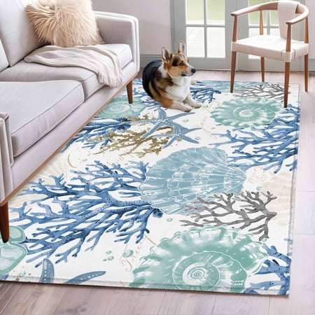 Blue Teal Coastal Area Rug 3x5 FT Non Slip Entryway Bedside Carpet Summer Beach Nautical Coral Starfish Washable Soft Floor Carpet Indoor Mat Non-Shedding Throw Rugs for Dorm Kitchen Home Office