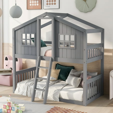 Twin Over Twin House Bunk Bed With Ladder  Wood 2-in-1 House-shaped Bedframes with Guardrails and Window for Kids Adults Bedroom Dorm  Easy Assembly  Gray