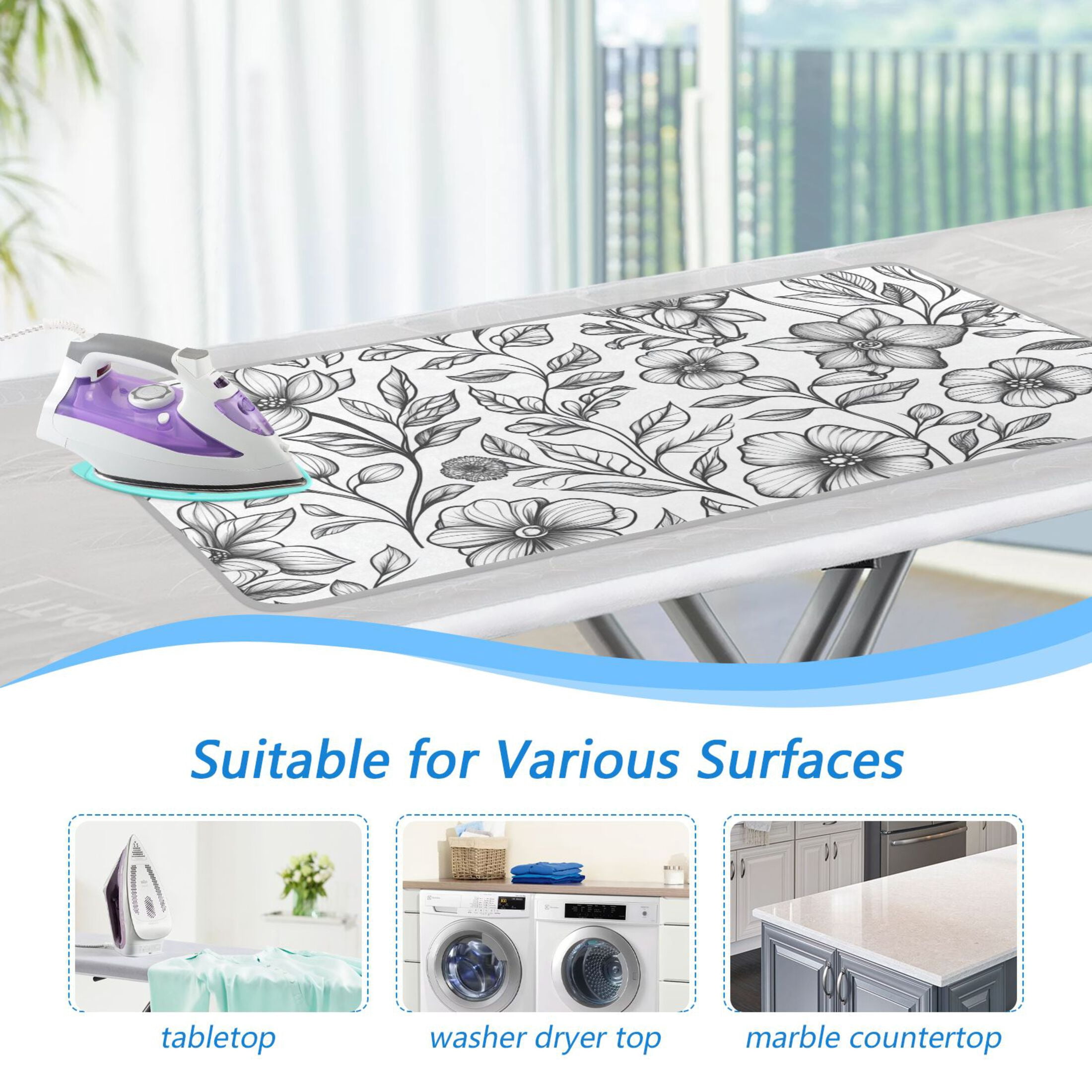 Flowers and Leaves Line Art Ironing Mat Blanket Portable Travel Ironing Pad Heat Resistant Pad 47.2" x 27.6”