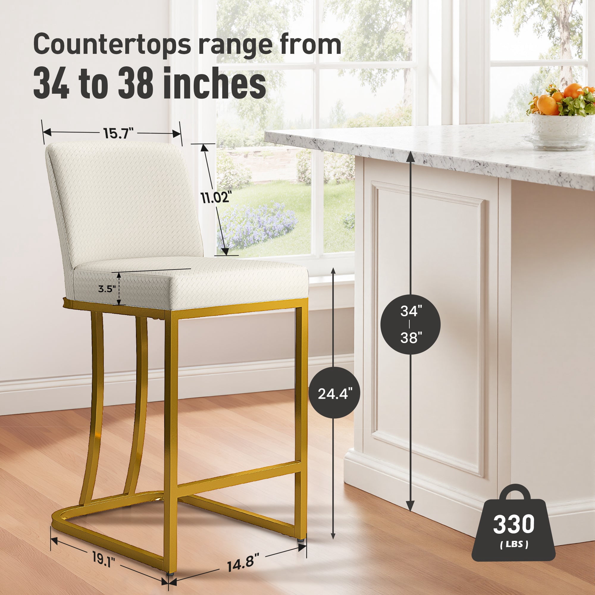 MF Studio 24" Counter Height Bar Stool with Back Set of 2, Faux Leather Bar Chair for Kitchen Island, Gold & White