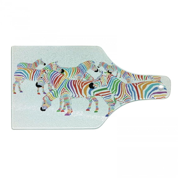 Funny Cutting Board, Colorful Animal Herd with Rainbow Stripes Digital Art Print Modern Safari, Decorative Tempered Glass Cutting and Serving Board, Wine Bottle Shape, Multicolor, by Ambesonne
