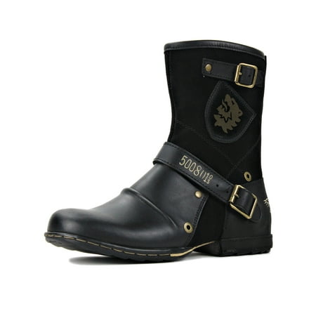

Difumos Mens Comfortable Biker Western Boots Non Slip Strap Buckle Cowboy Shoes Work Casual Mid Calf Boot Black 9.5