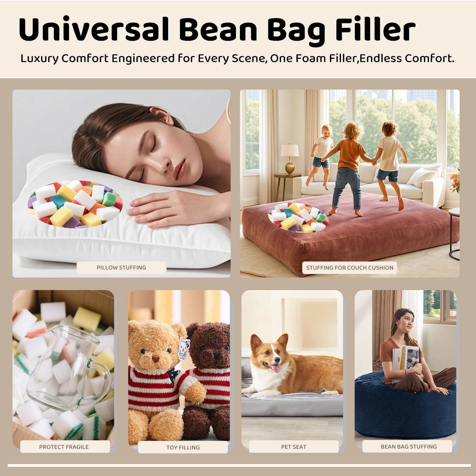 Bean Bag Filler,Shredded Memory Foam 5lbs,Bean Bag Filling Punching Bag Filler Soft Stuffing for Couch Cushion Pillows Dog Bed Stuffed Animals Beanbags Chairs Arts Crafts (5Pounds)