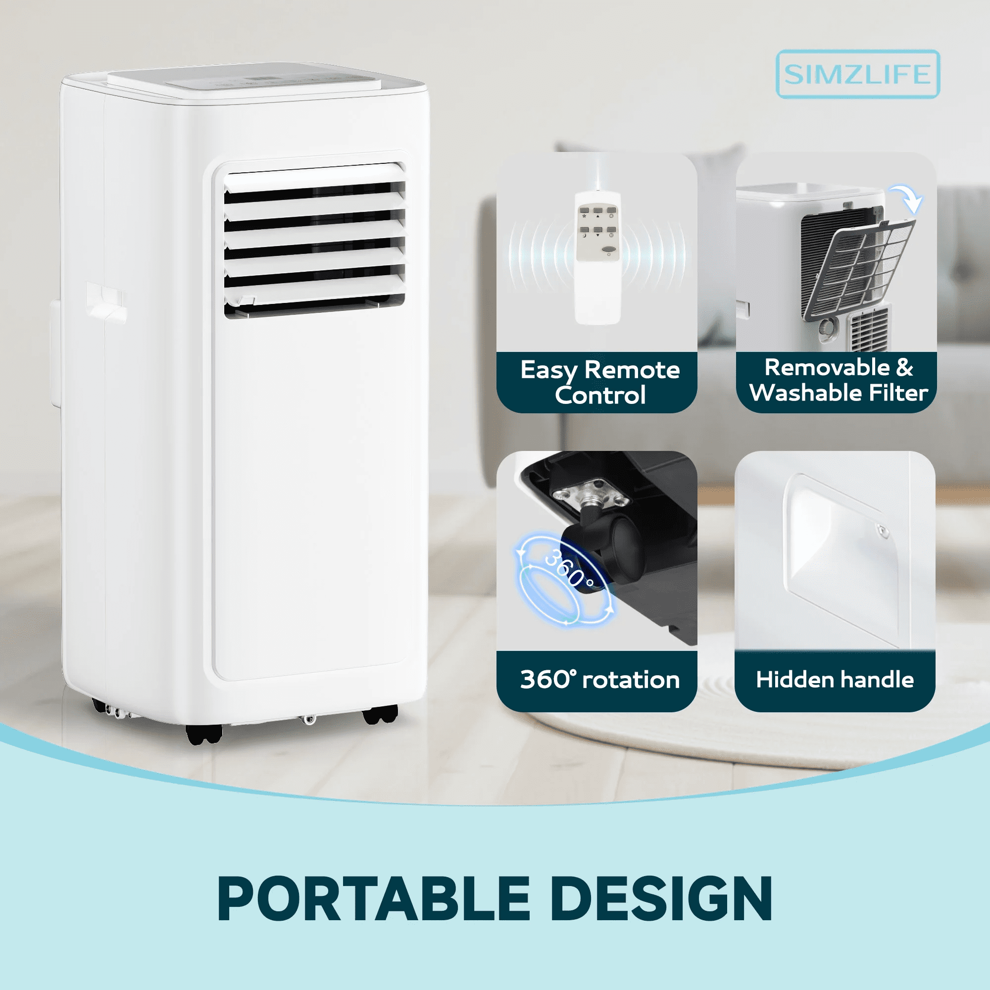 Simzlife 14,000 BTU Portable Air Conditioner - Indoor Portable Air Cooler with Remote Control, White