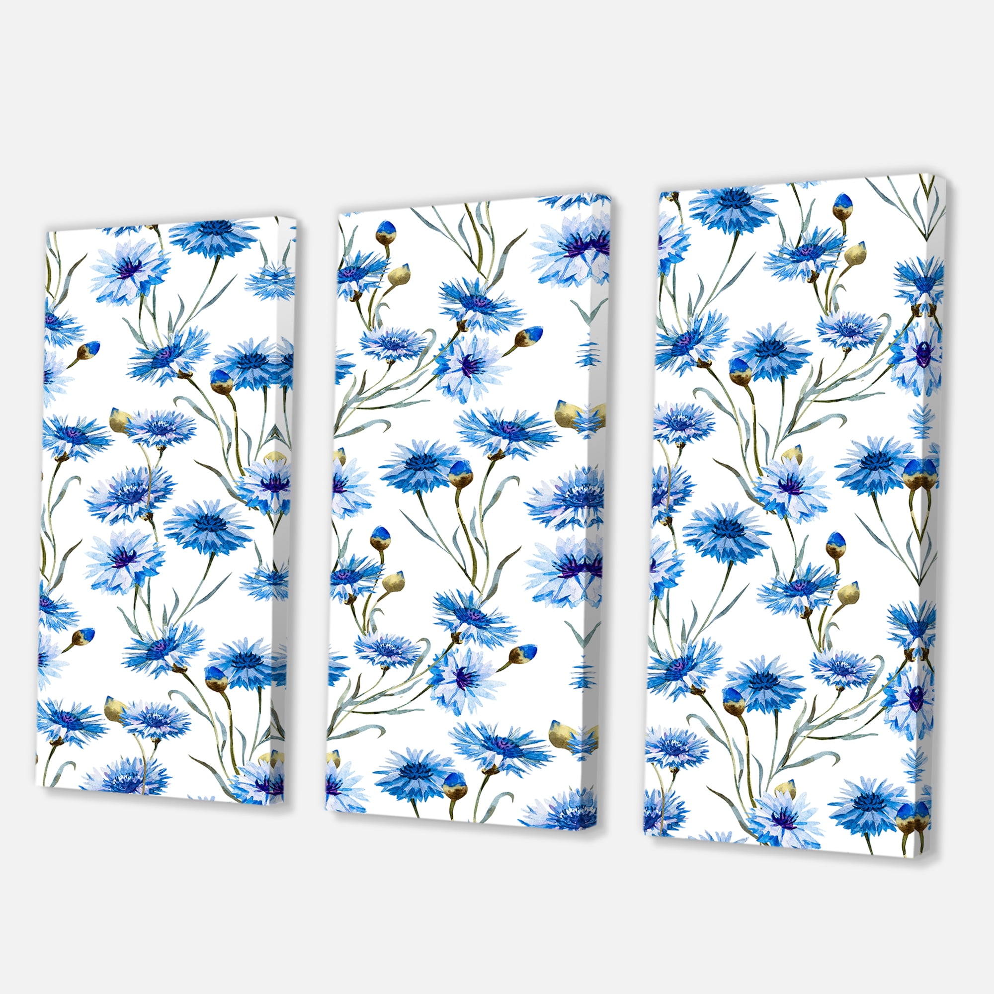 Designart ' Blue Cornflowers With Green Leaves On White II ' Traditional Canvas Wall Art Print