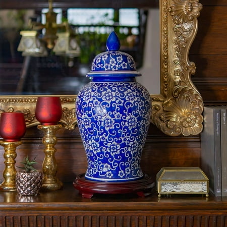 Red Lantern 18" White Flowers on Blue Temple Jar
